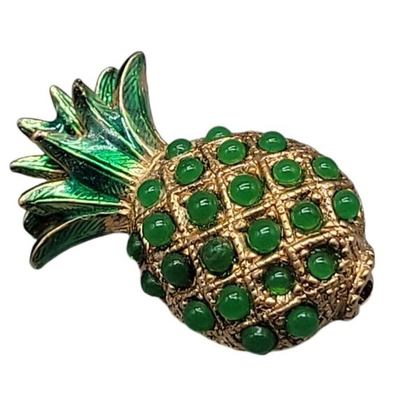 Ciner Rare Pineapple Brooch Green Cabachons 18k Gold Plated Book Piece Vintage - Picture 2 of 10